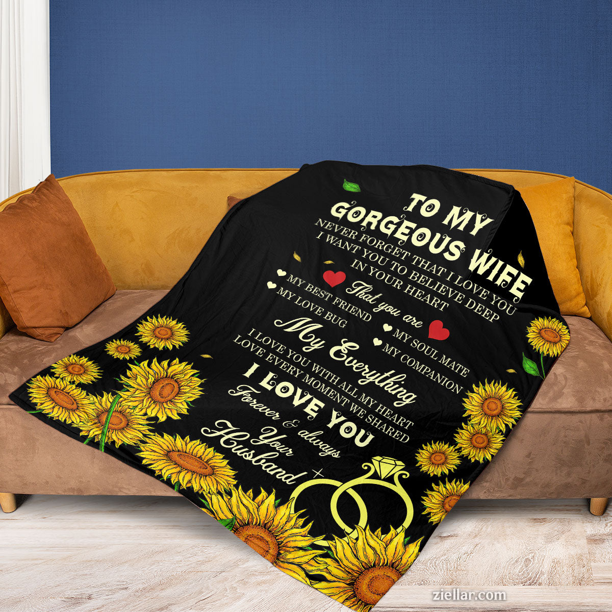 To My Gorgeous Wife Quilt Blanket, Fleece Blanket with Sunflowers and Love Rings