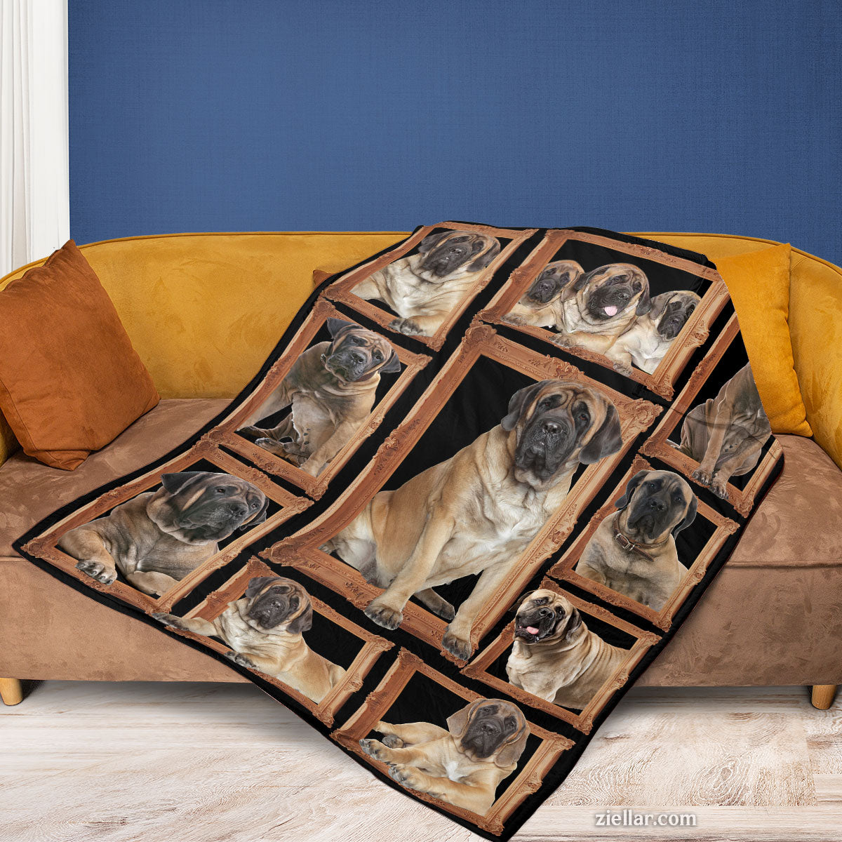 Dog Lover Quilt Blanket, Fleece Blanket with Mastiff Dog Images in Wooden Frame Style