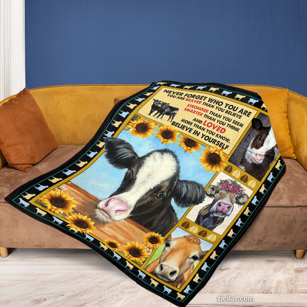 Cow and Sunflower Quilt Blanket, Fleece Blanket Gift with Motivational Country Quote