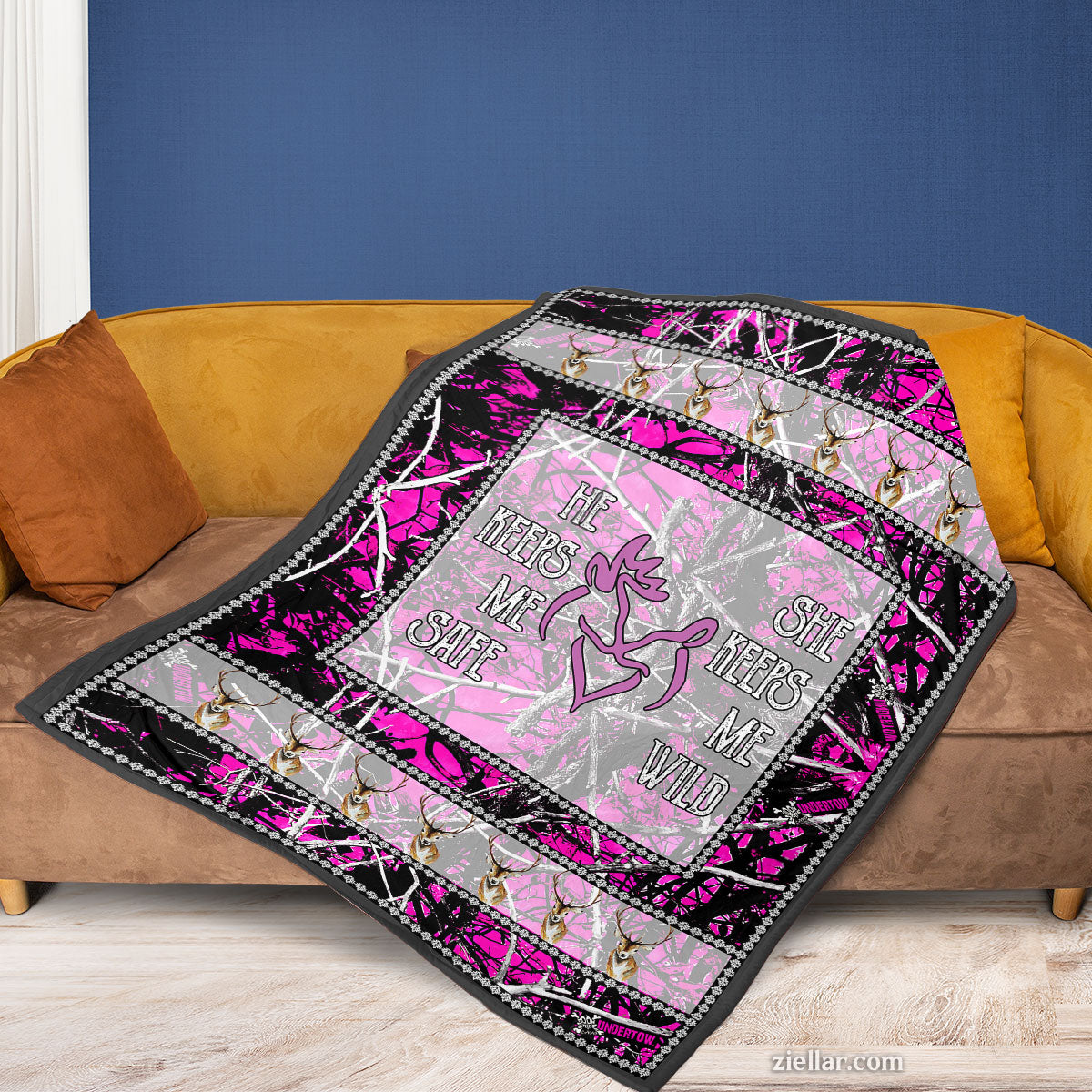 Love Makes Me Whole Quilt Blanket, Fleece Blanket with Heart and Deer Tribal Artwork