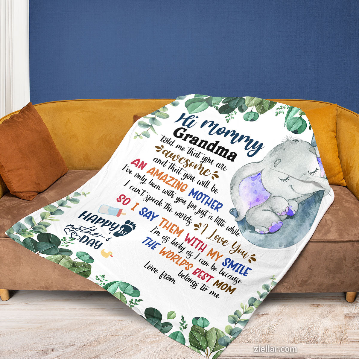 To Mommy Quilt Blanket, Fleece Blanket Gift for Grandma with Baby Sloth and Greenery