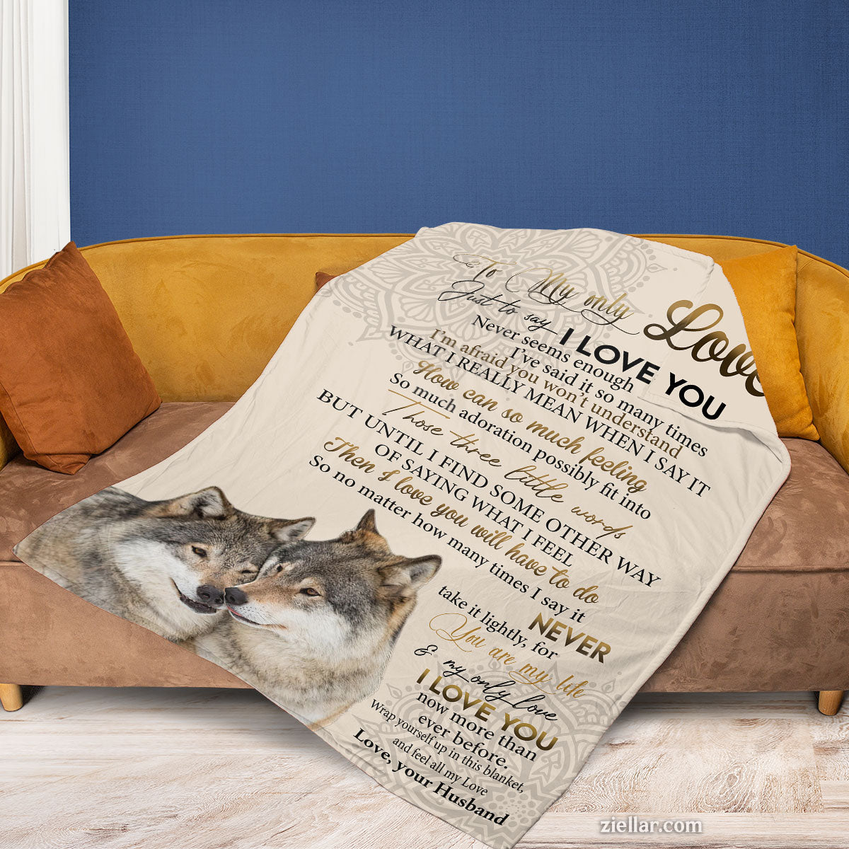 To My Love Quilt Blanket, Fleece Blanket Gift with Wolves and Romantic Nature Message