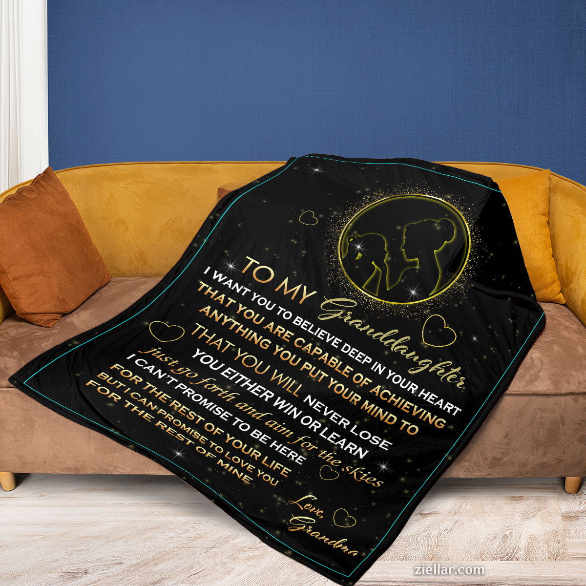 To My Granddaughter Quilt Blanket, Fleece Blanket Gift with Moon and Golden Wishes
