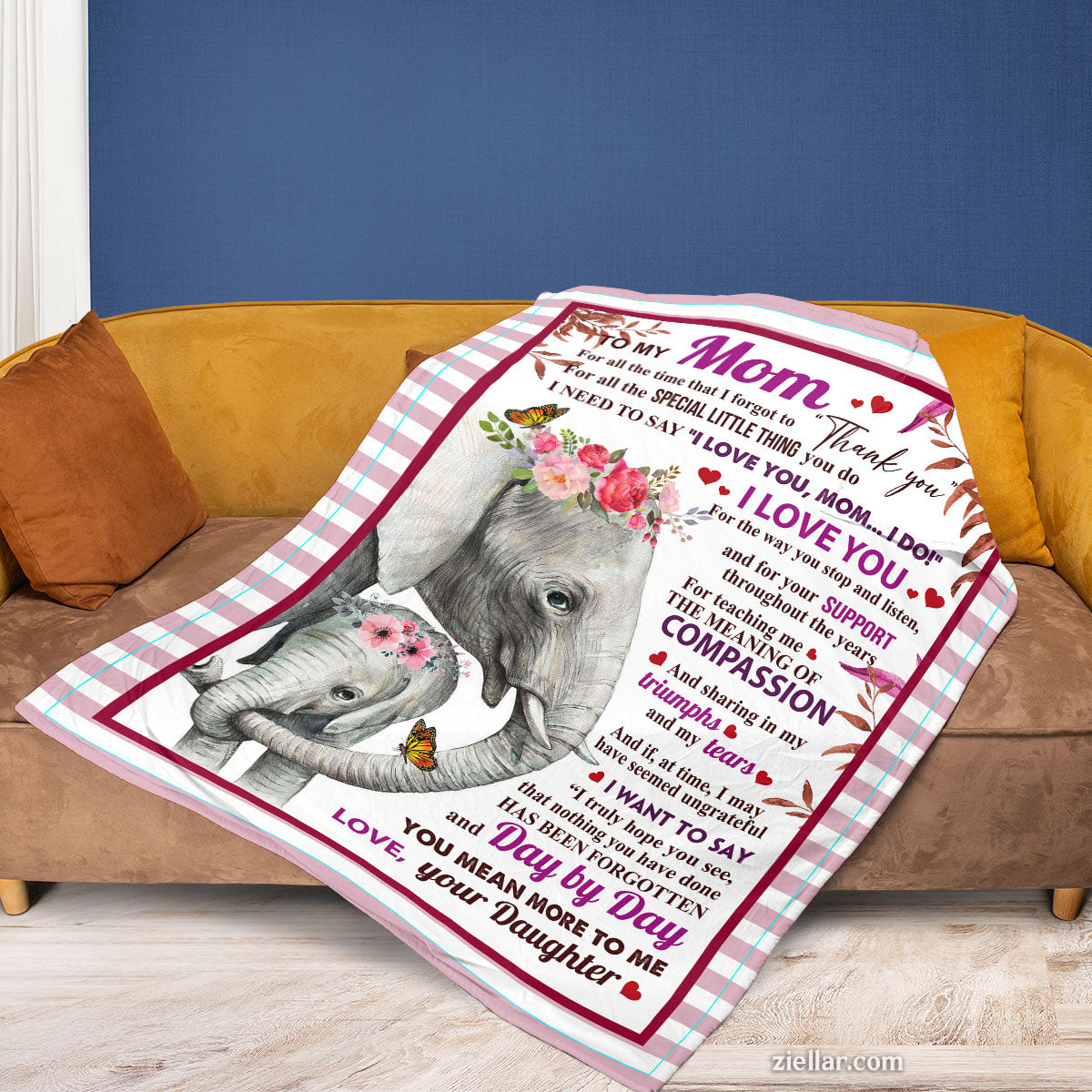 To My Mom Quilt Blanket, Fleece Blanket Gift with Baby Elephant and Loving Words