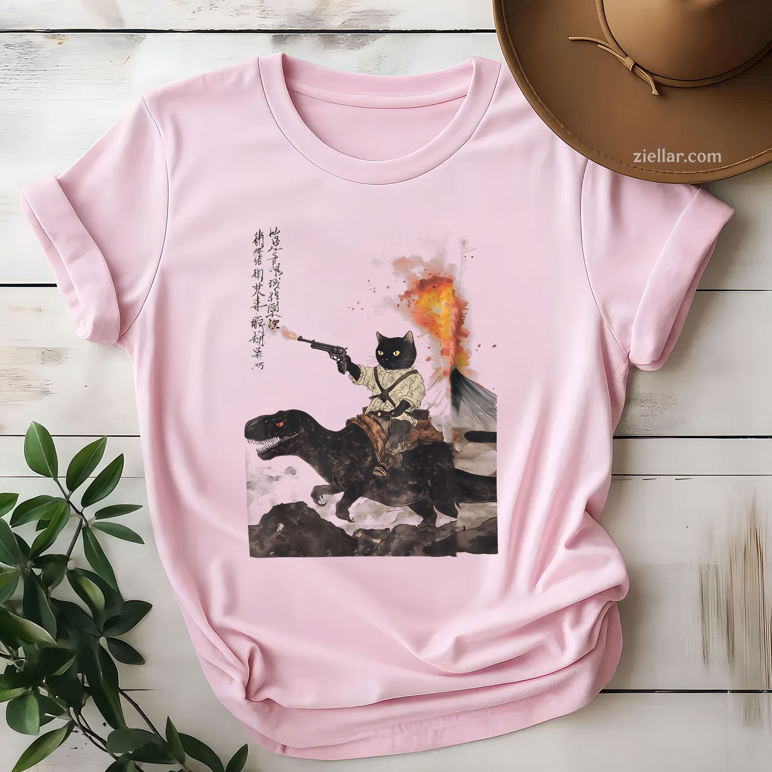 retro calligraphy cat dinosaur volcanic eruption art print Tee and T-Shirt, Retro Cat Dino Calligraphy Art Graphic T-Shirt for Adults