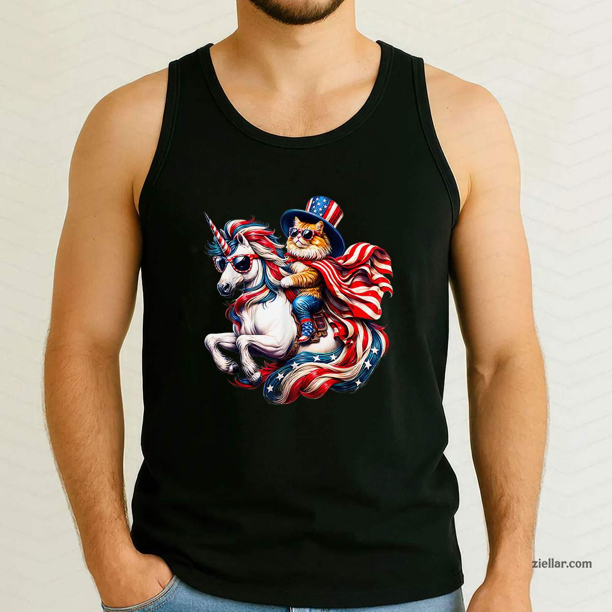 Cat riding Unicorn usa flag Patriotic 4th of July Tank Top Shirt Tee for Men Women Unisex