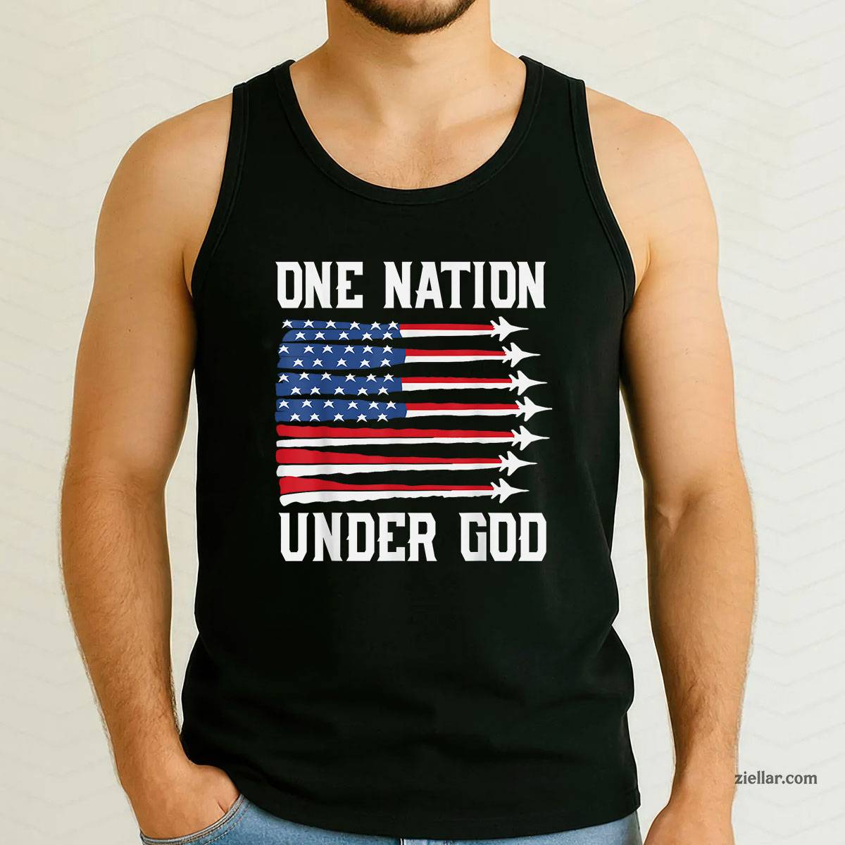Boy One Nation Under God 4th July USA Fighter Jet Patriotic Tank Top Shirt Tee for Men Women Unisex