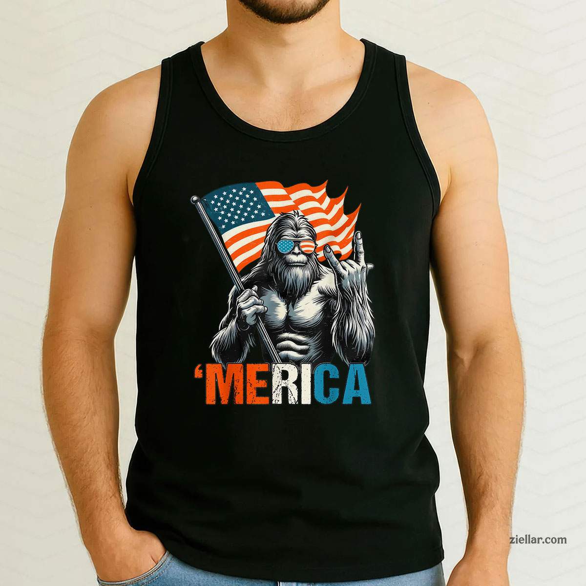 Bigfoot Merica Rock American Flag Patriotic 4th Of July Tank Top Shirt Tee for Men Women Unisex