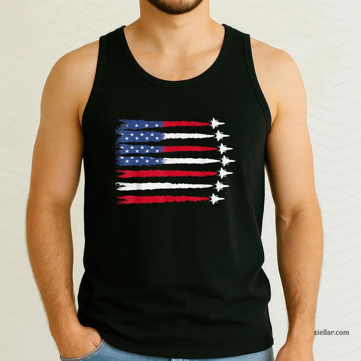 Patriotic Red White Blue USA Flag Fighter Jets 4th of July Tank Top Shirt Tee for Men Women Unisex