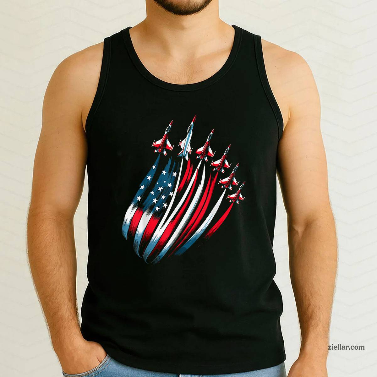 Patriotic USA Flag Fighter Jets 4th of July Tank Top Shirt Tee for Men Women Unisex