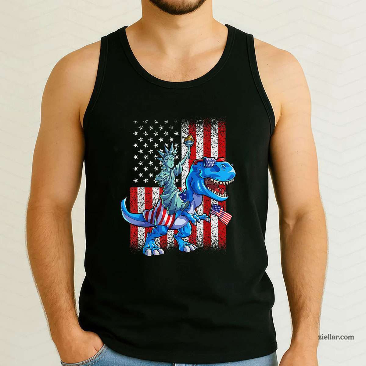 Dino Statue Of Liberty 4th Of July Shirt American Flag Tank Top Shirt Tee for Men Women Unisex
