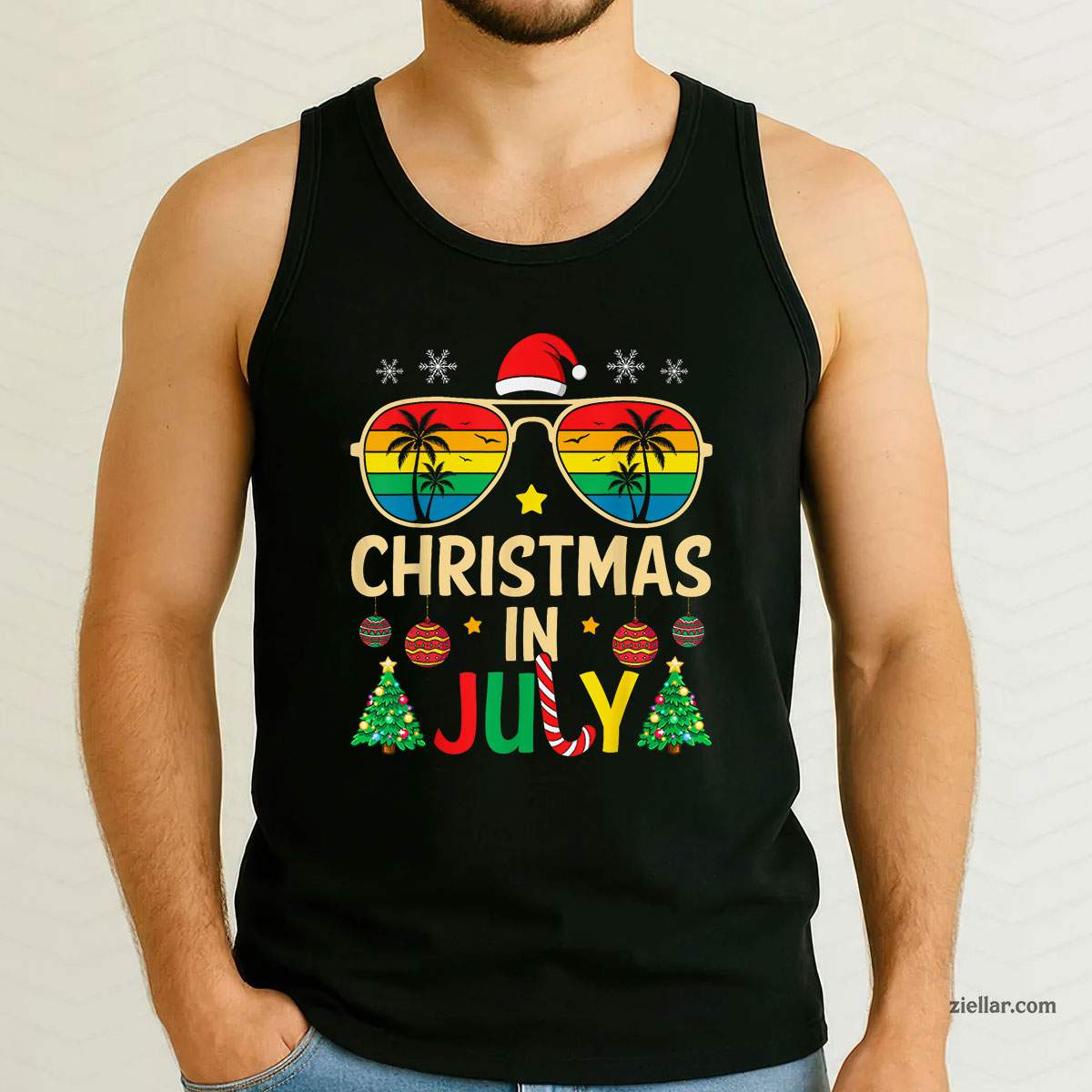 Christmas in July Santa Claus Sunglasses Beach Men Women Tank Top Shirt Funny Christmas in July Tee and Tank Top Shirt for Men Women Adults