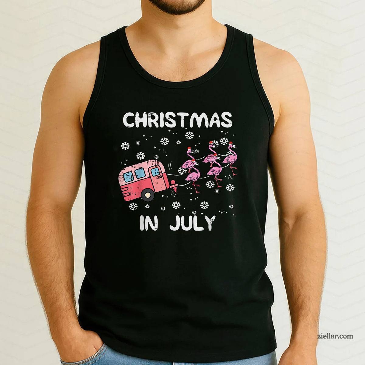 Christmas In July Flamingo Trailer Summer Xmas Camp Camper Tank Top Shirt Funny Christmas in July Tee and Tank Top Shirt for Men Women Adults