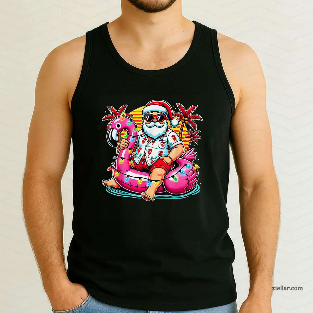 Christmas in July Shirt Santa Flamingo Float Summer Xmas Tank Top Shirt Funny Christmas in July Tee and Tank Top Shirt for Men Women Adults