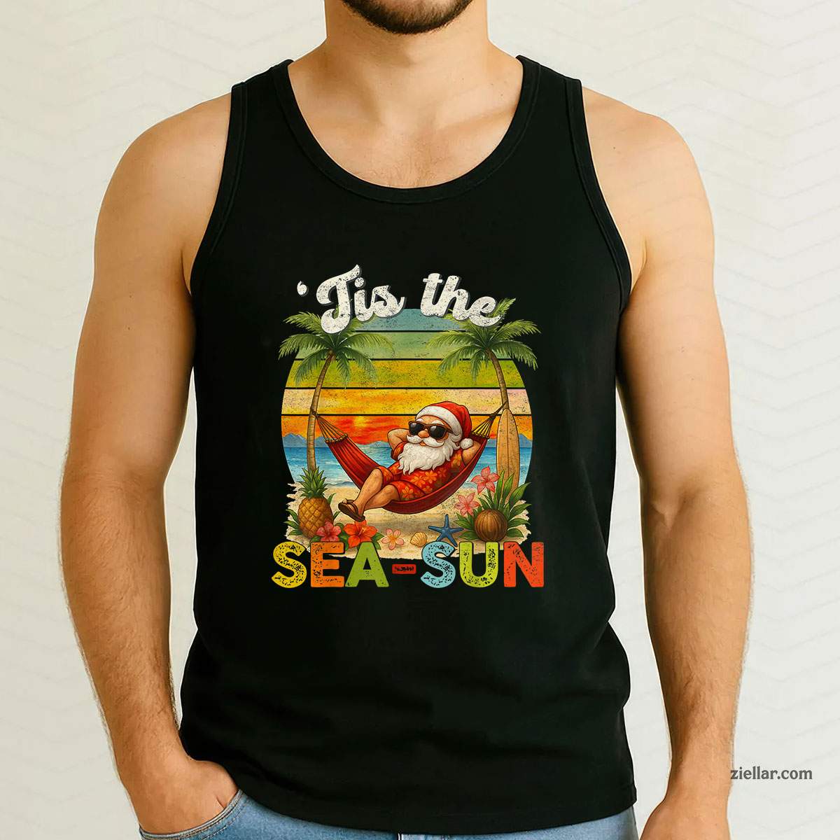 Tis The Sea-Sun Funny Christmas In July Hawaii Santa Beach Tank Top Shirt Funny Christmas in July Tee and Tank Top Shirt for Men Women Adults