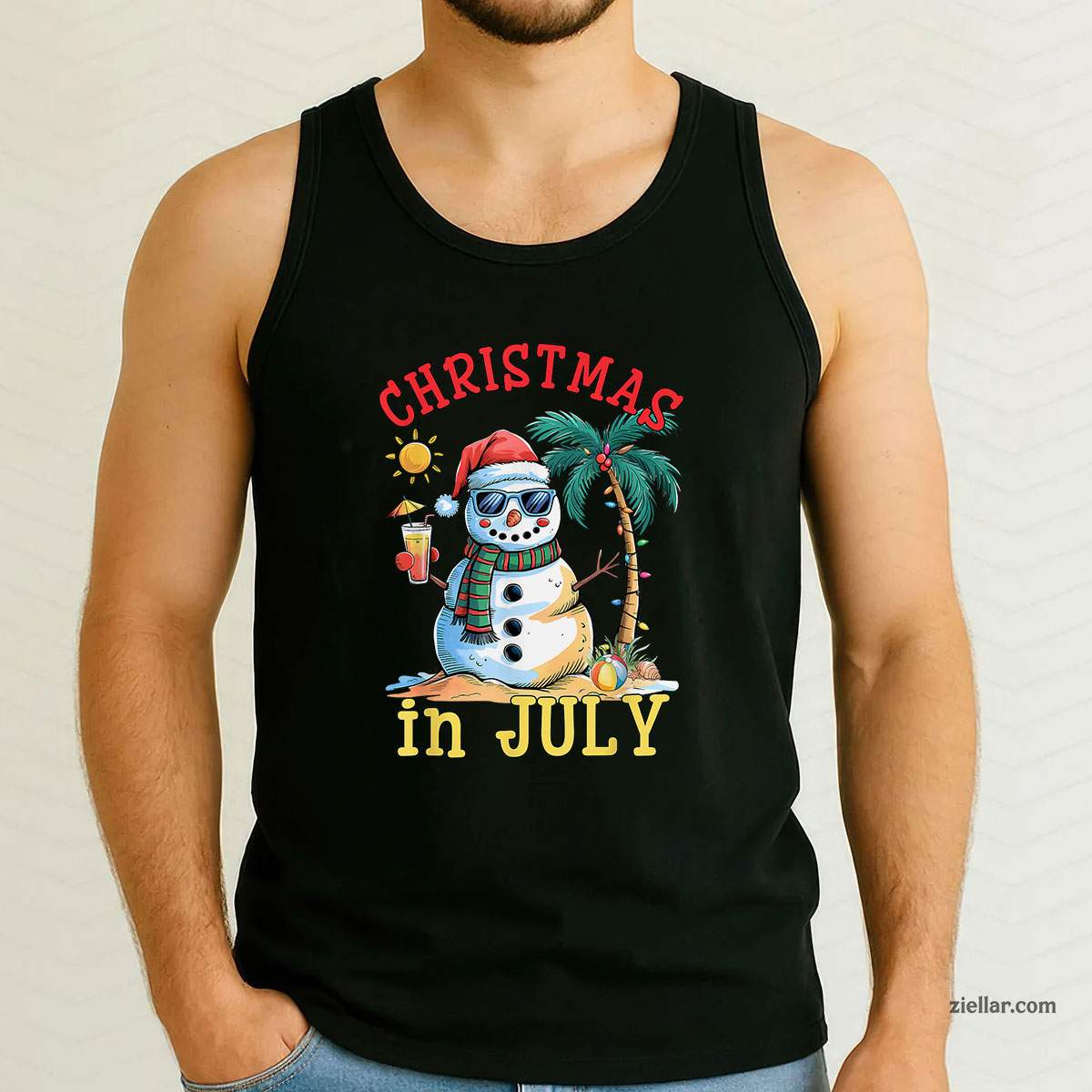Christmas In July Snowman Summer Beach Vacation Xmas Tank Top Shirt Funny Christmas in July Tee and Tank Top Shirt for Men Women Adults