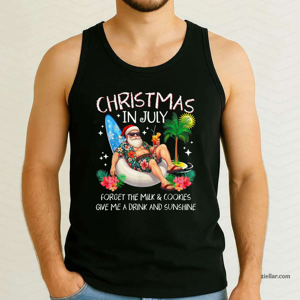 Christmas In July Palm Tree Beach Summer Hawaii Santa Mens Tank Top Shirt Funny Christmas in July Tee and Tank Top Shirt for Men Women Adults