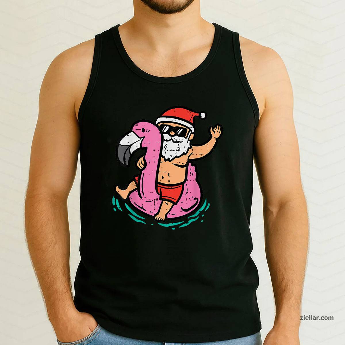 Santa Flamingo Floatie Funny Christmas In July Summer Xmas Tank Top Shirt Funny Christmas in July Tee and Tank Top Shirt for Men Women Adults