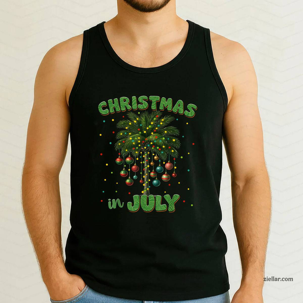 Christmas In July Palm Tree Hawaii Beach Summer Vacation Tee Tank Top Shirt Funny Christmas in July Tee and Tank Top Shirt for Men Women Adults