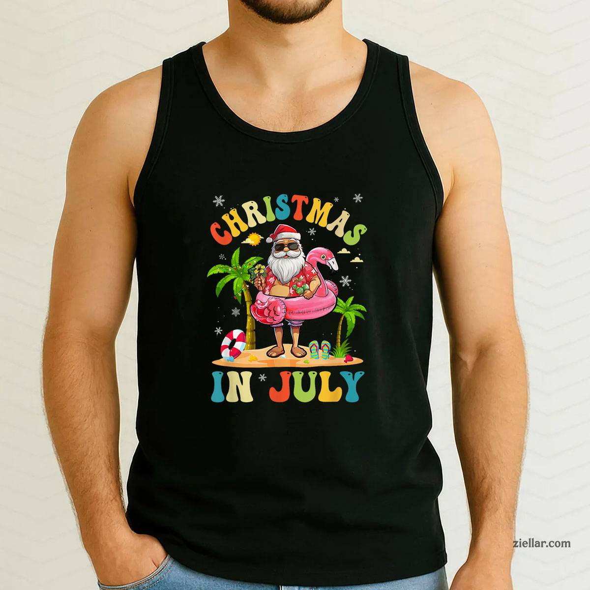 Christmas In July Funny Santa Summer Beach Vacation Tank Top Shirt Funny Christmas in July Tee and Tank Top Shirt for Men Women Adults