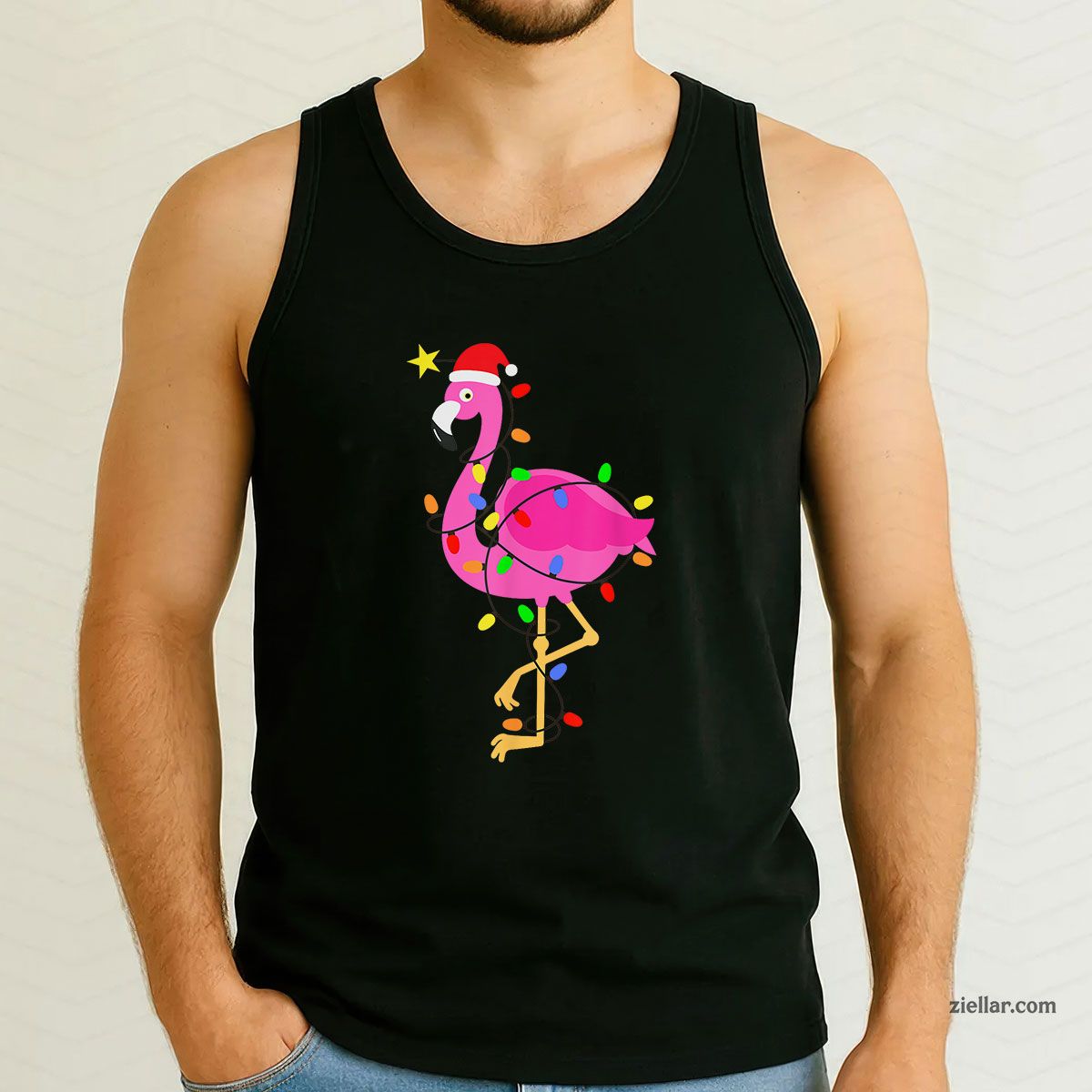 Funny Pink Flamingo in Santa Hat Christmas in July Men Women Tank Top Shirt Funny Christmas in July Tee and Tank Top Shirt for Men Women Adults