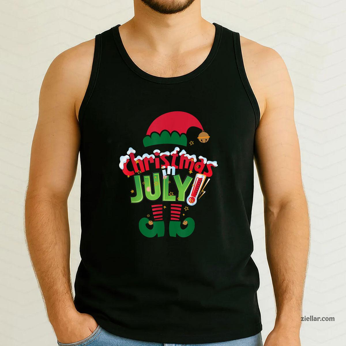Funny Christmas in July Shirt Summer Elf Santa Xmas Tank Top Shirt Funny Christmas in July Tee and Tank Top Shirt for Men Women Adults