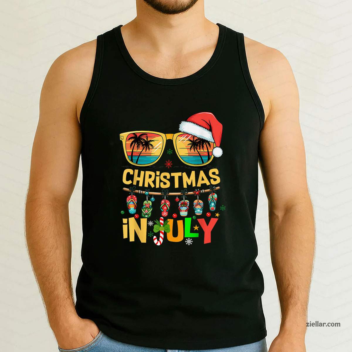 Santa Claus Sunglasses Beach Christmas In July Men Women Tank Top Shirt Funny Christmas in July Tee and Tank Top Shirt for Men Women Adults Perfect Gift