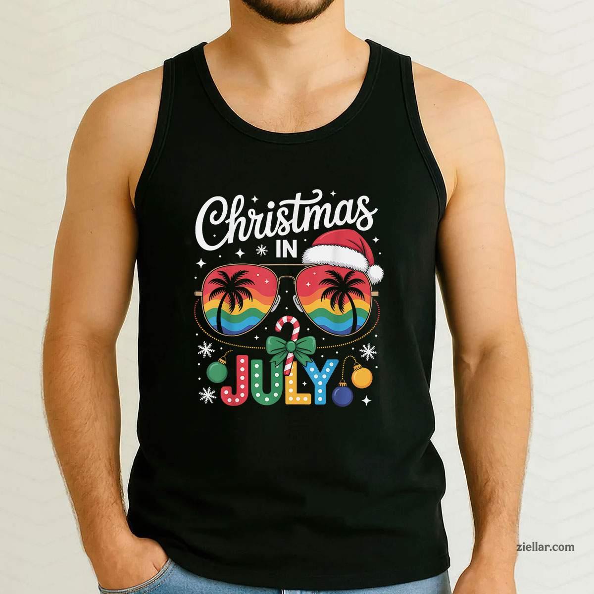 Santa Claus Sunglasses Beach Christmas in July Men Women Tank Top Shirt Funny Christmas in July Tee and Tank Top Shirt for Men Women Adults Limited Edition