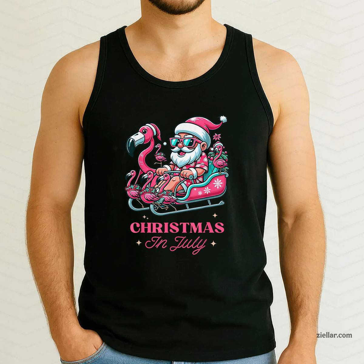 Funny Christmas in July Summer Santa Flamingo Sleigh Xmas Tank Top Shirt Funny Christmas in July Tee and Tank Top Shirt for Men Women Adults
