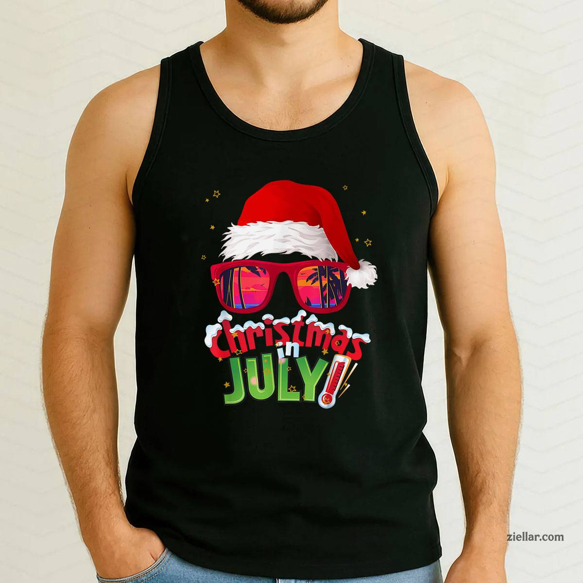 Funny Christmas in July Shirt Summer Santa Sunglasses Xmas Tank Top Shirt Funny Christmas in July Tee and Tank Top Shirt for Men Women Adults