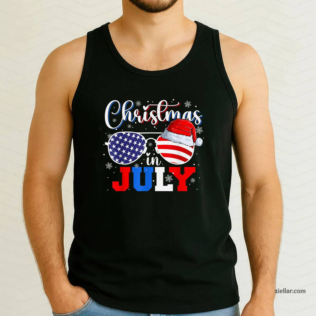 Christmas In July Santa Hat Sunglasses USA Flag 4th of July Tank Top Shirt Funny Christmas in July Tee and Tank Top Shirt for Men Women Adults