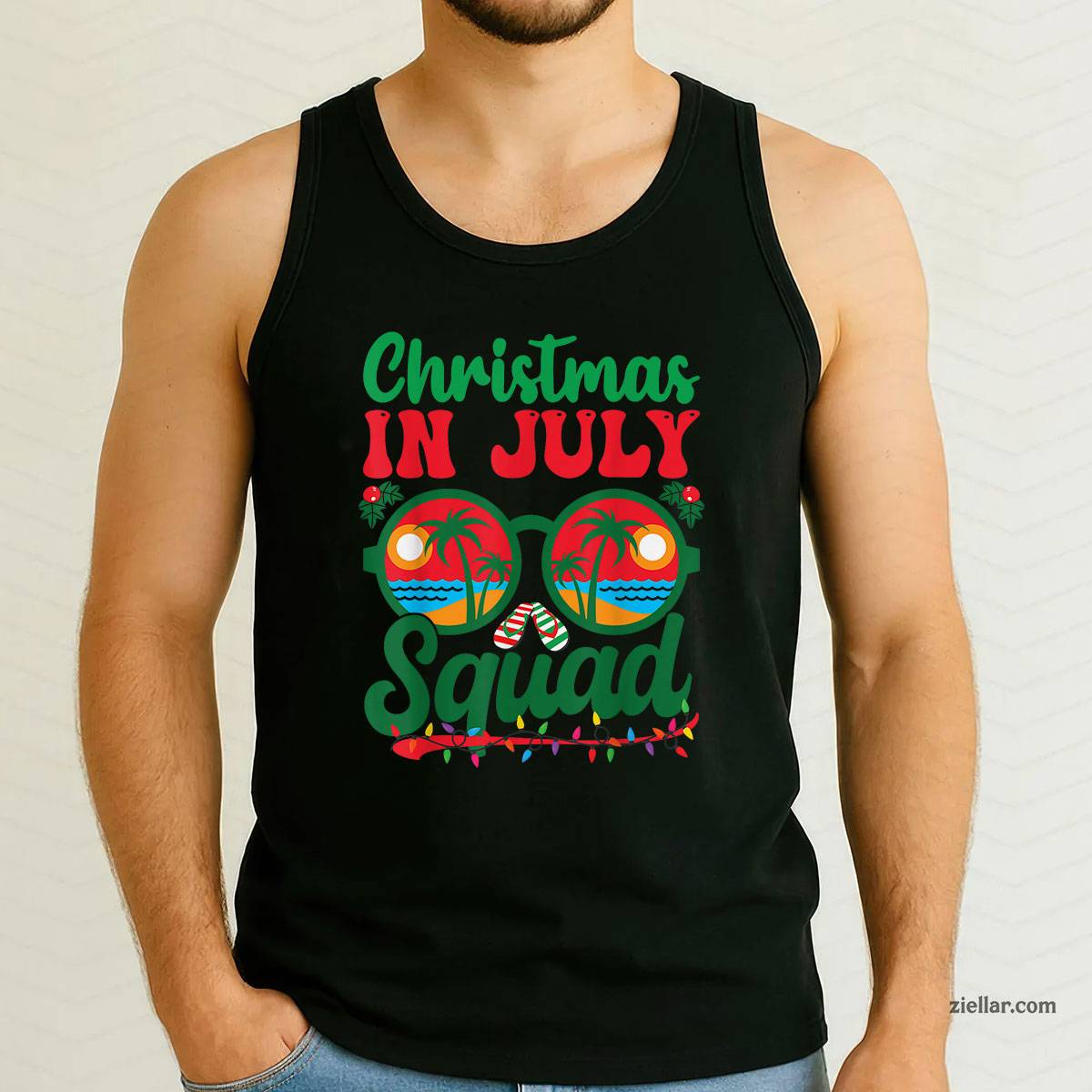 Christmas In July Squad Retro Sunglass Palm Tree Summer Xmas Tank Top Shirt Funny Christmas in July Tee and Tank Top Shirt for Men Women Adults