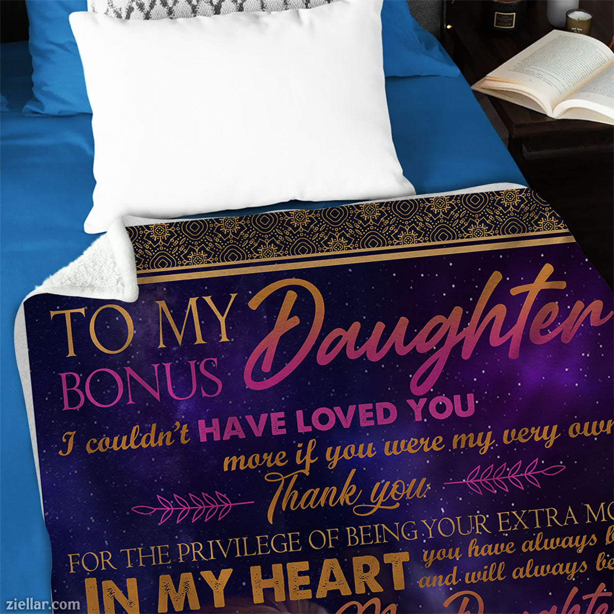To My Bonus Daughter Quilt Blanket, Fleece Blanket with Frozen-Inspired Hug and Message