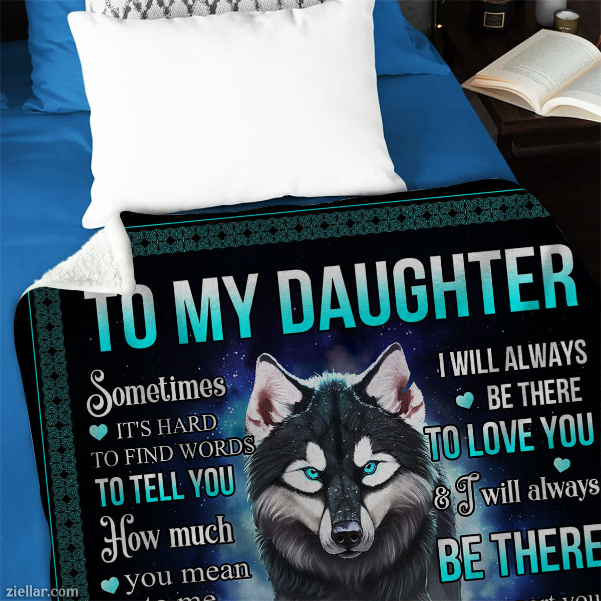 To My Daughter Quilt Blanket, Fleece Blanket with Wolves, Stars and Father’s Message