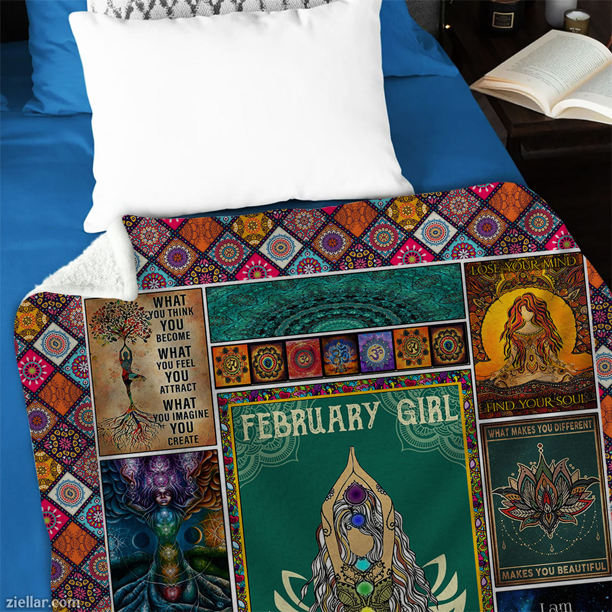 February Girl Quilt Blanket, Fleece Blanket with Zodiac Lotus and Motivational Sayings