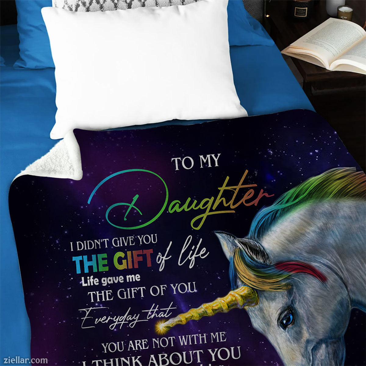 To My Daughter Quilt Blanket, Fleece Blanket Gift with Unicorns and Starry Sky Theme