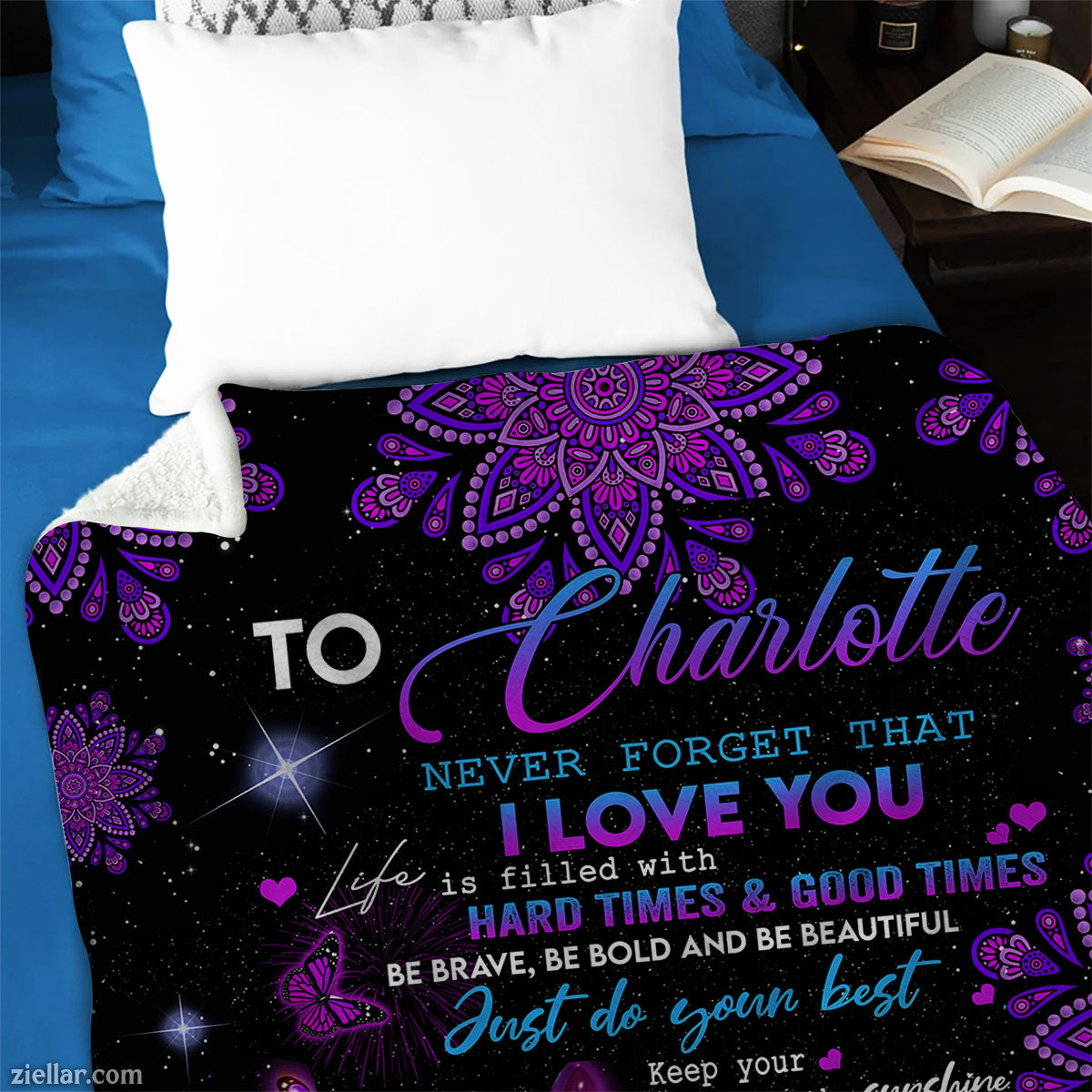 To Charlotte Quilt Blanket, Fleece Blanket with Purple Mandala and Butterfly Artwork