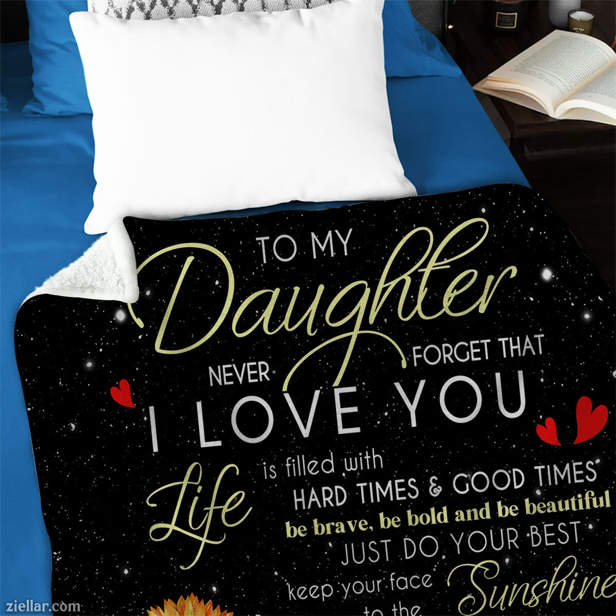 To My Daughter Quilt Blanket, Fleece Blanket with Sunflowers and Uplifting Message