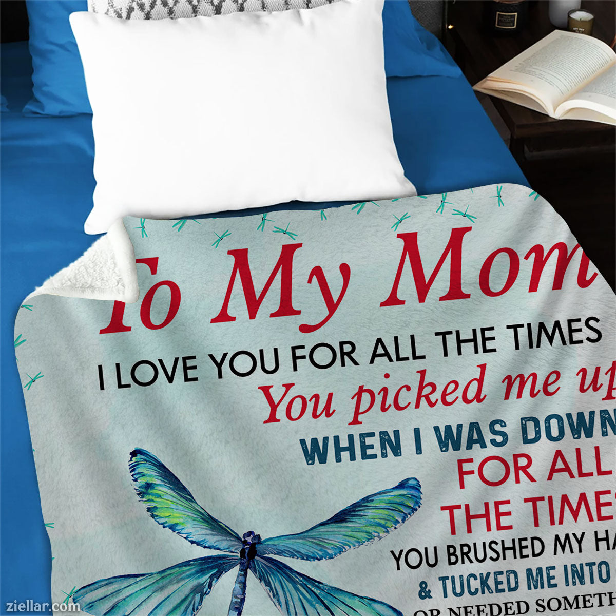 To My Mom Quilt Blanket, Fleece Blanket Gift with Dragonflies and Encouraging Words