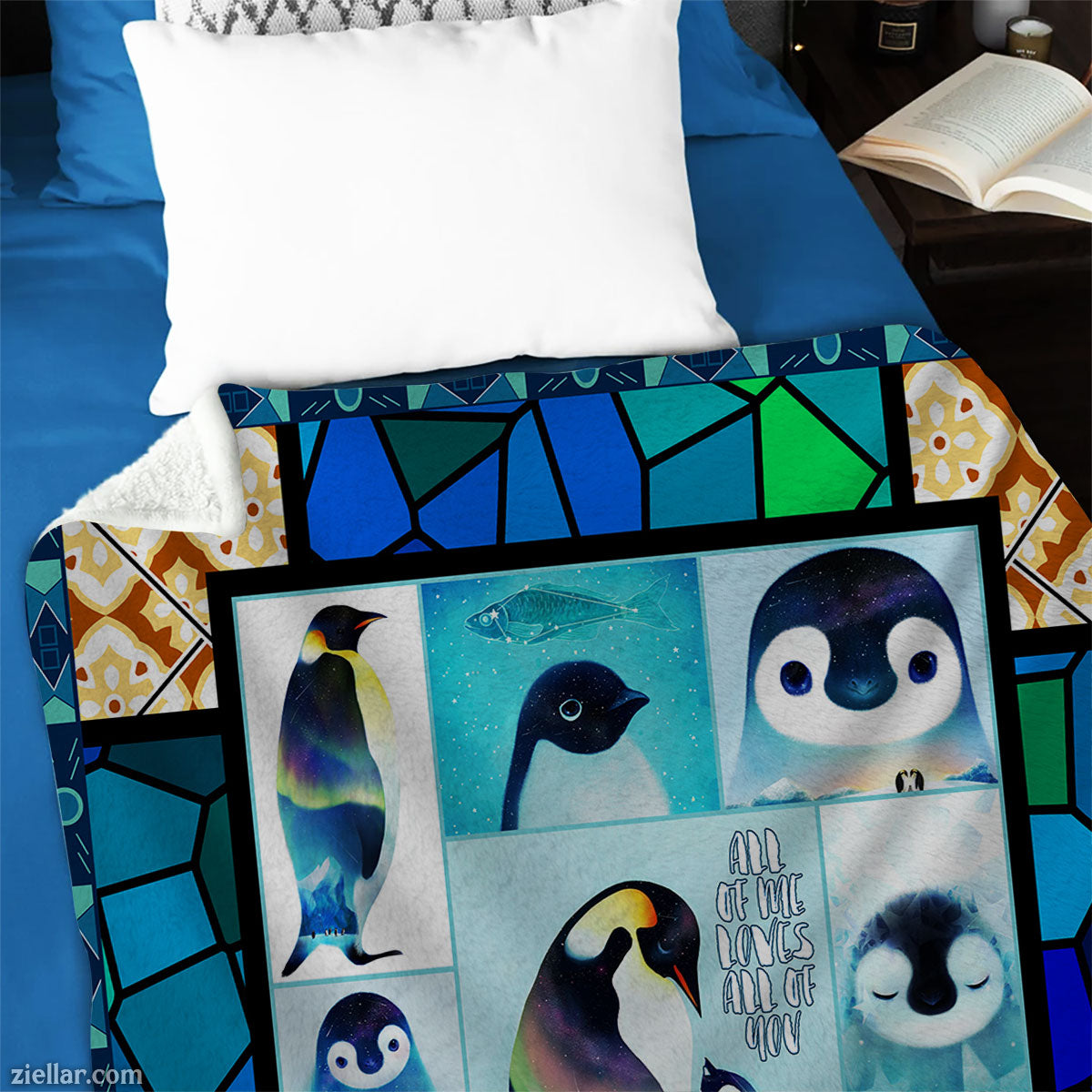 Penguin Love Quilt Blanket, Fleece Blanket with Stained Glass Style and Arctic Penguins