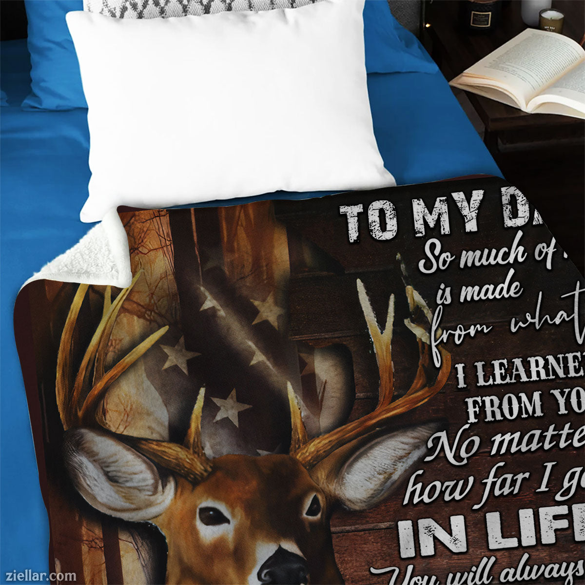 To My Dad Quilt Blanket, Fleece Blanket Gift with Deer Illustration and Wooden Background