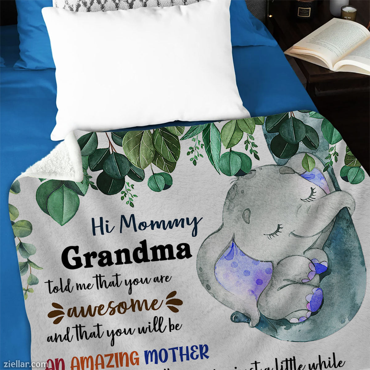 To My Mommy and Grandma Quilt Blanket, Fleece Blanket with Baby Elephant and Soft Colors