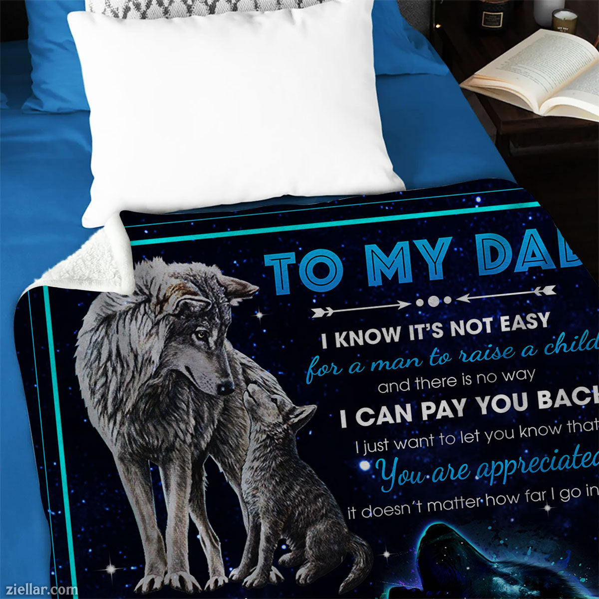 To My Dad Quilt Blanket, Fleece Blanket Gift from Son with Wolves and Blue Northern Theme