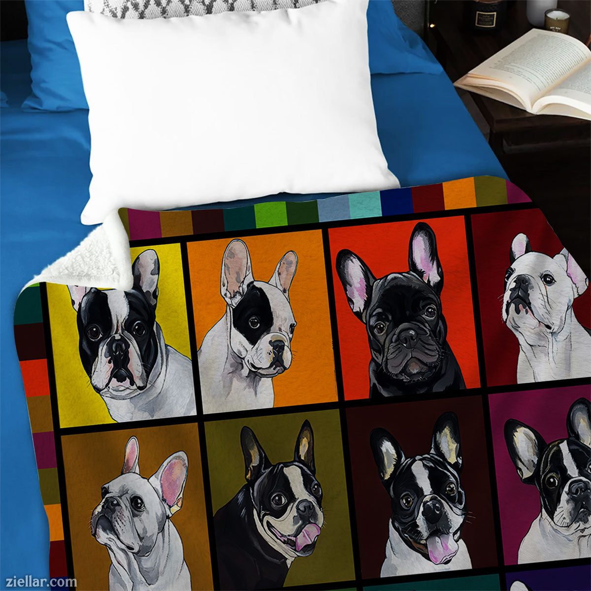 Dog Breed Pop Art Quilt Blanket, Fleece Blanket with Colorful French Bulldog Graphic Panels
