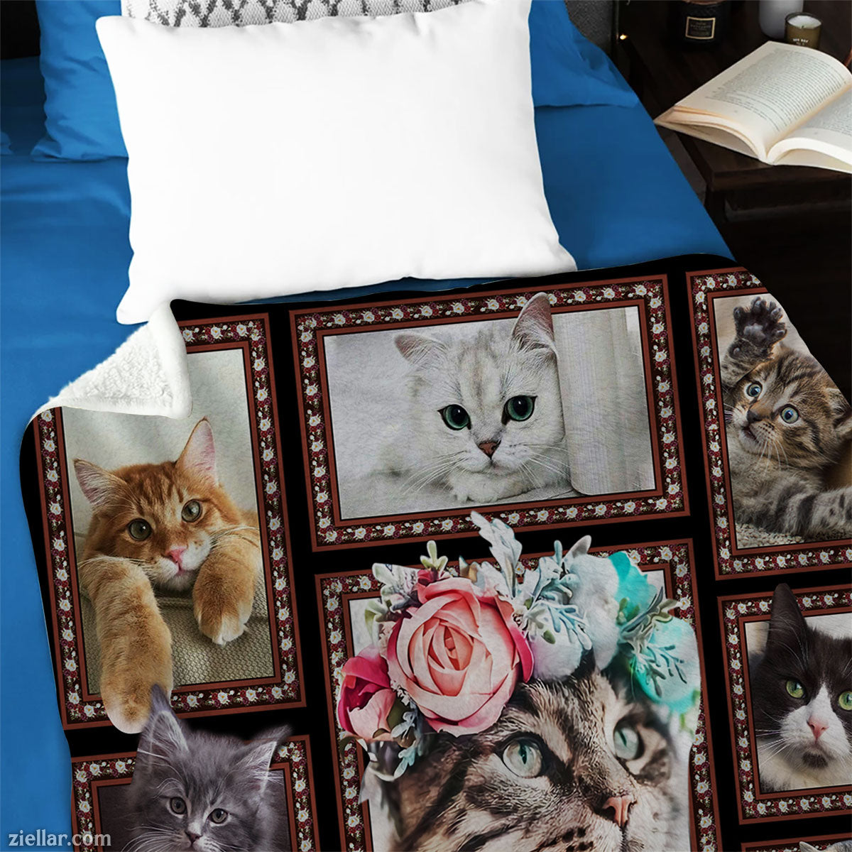 Cat Lover Collage Quilt Blanket, Fleece Blanket Gift with Cute Cats, Flowers, Personalized Name