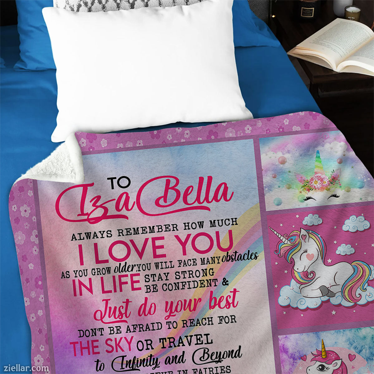 To My Daughter Lisa Bella Quilt Blanket, Fleece Blanket with Unicorns and Hearts, Personalized Name