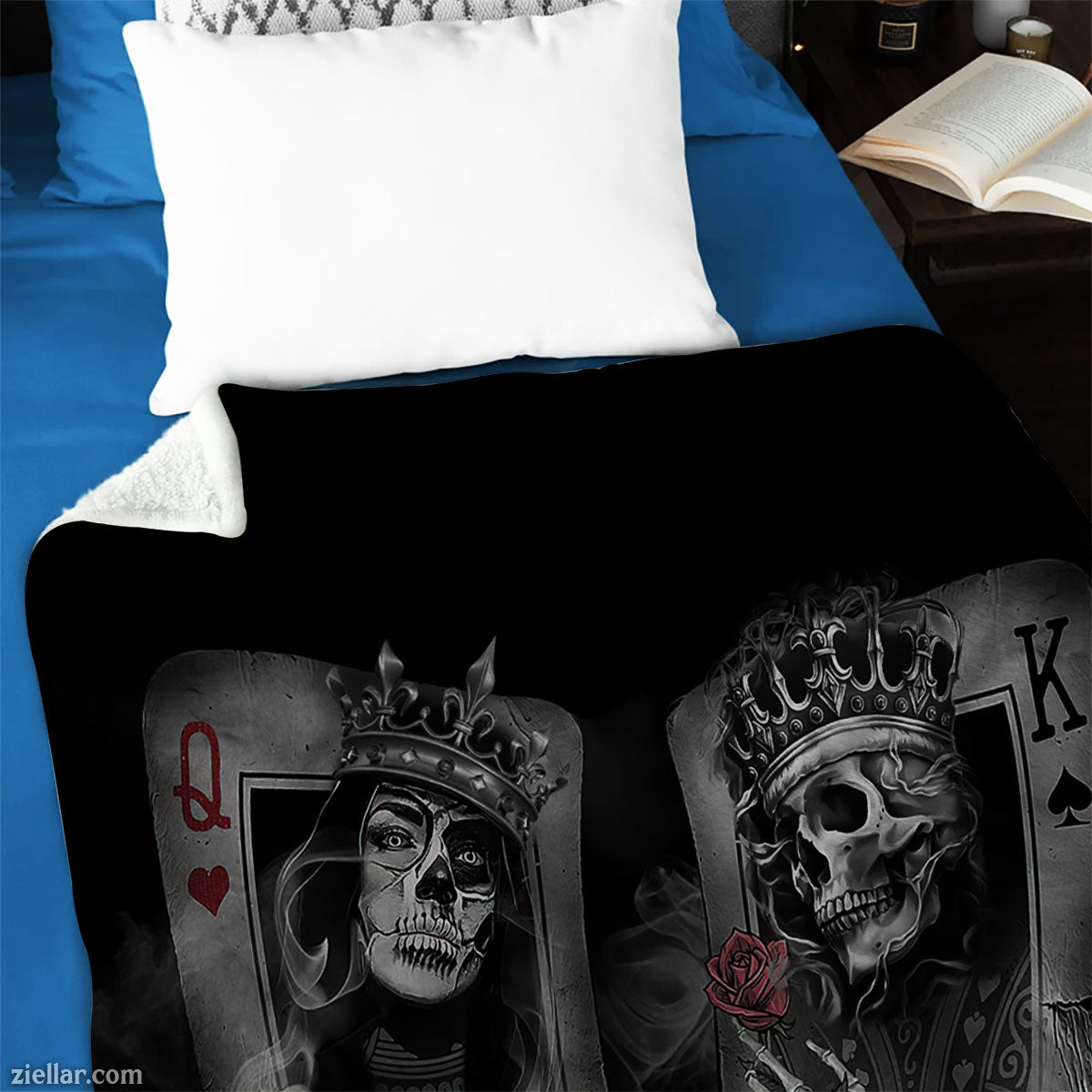 King and Queen Skull Quilt Blanket, Fleece Blanket Gift with Gothic Cards Art, Personalized Custom Name