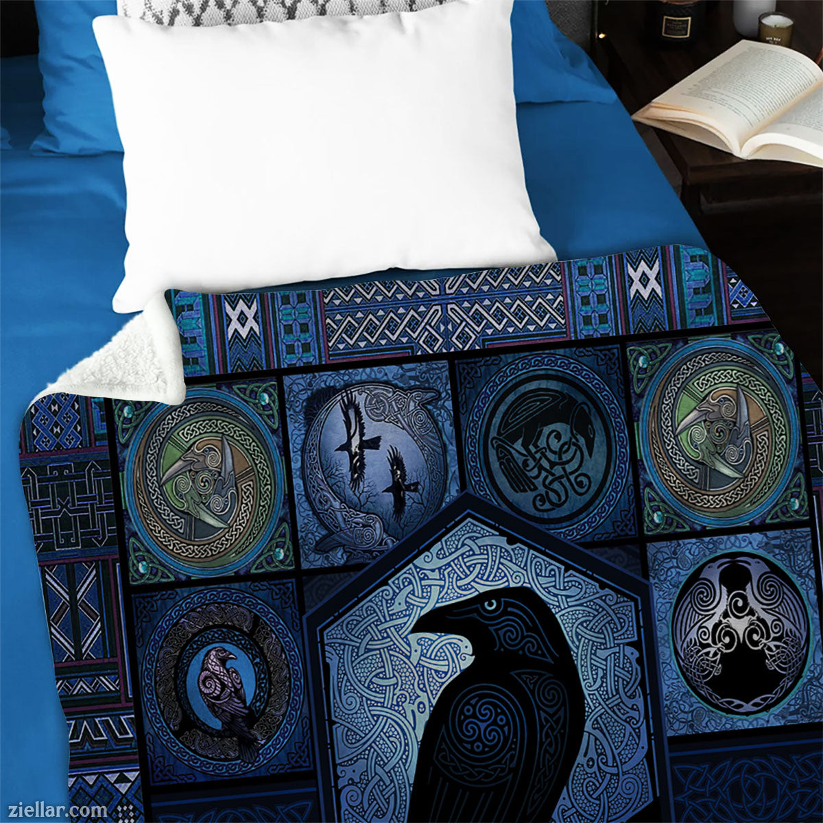 Raven Bird Blue Moon Quilt Blanket, Fleece Blanket with Crow Art and Gothic Style, Custom Name Option