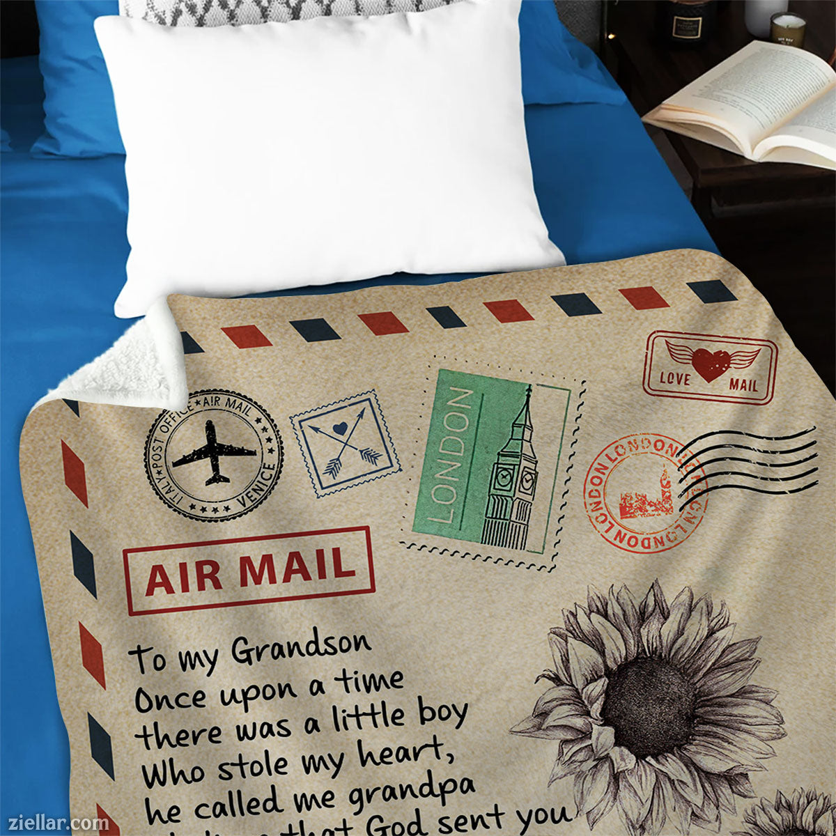 To My Grandson Air Mail Quilt Blanket, Fleece Blanket Gift from Grandma, Custom Name Personalized