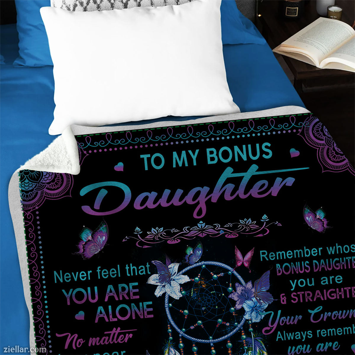 To My Bonus Daughter Quilt Blanket, Fleece Blanket Gift with Heart and Galaxy Art, Custom Name Option